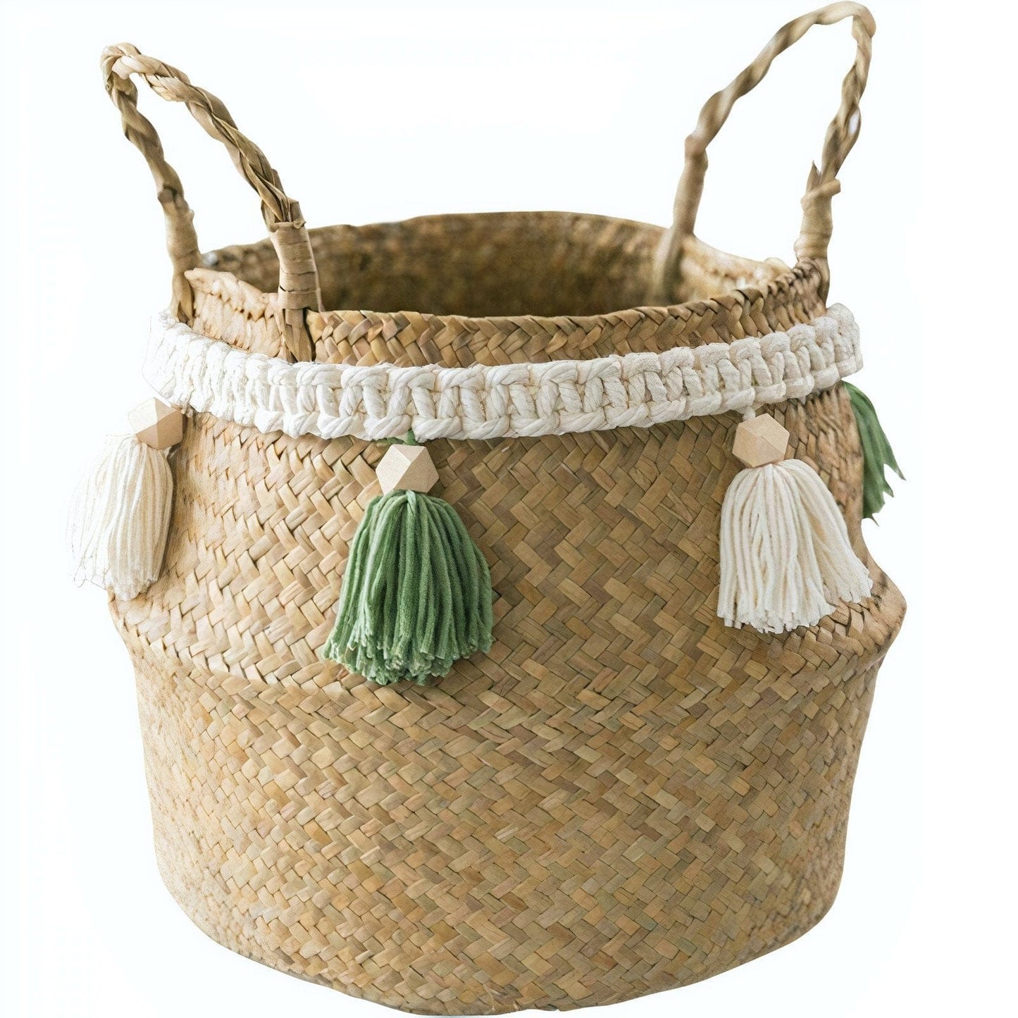 Cache-Pot Élégance en Osier avec Pompons Verts Petit format (23 cm x 20 cm)