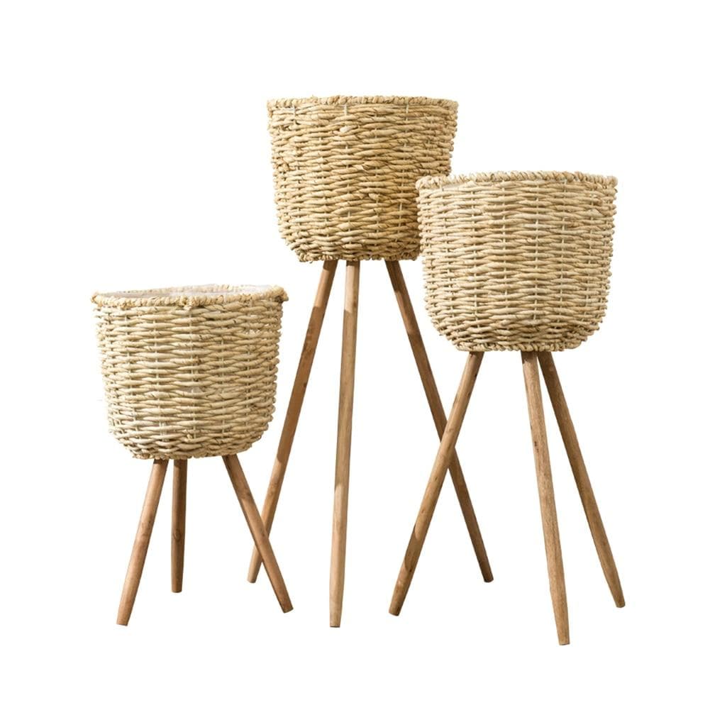 Cache Pot en Osier avec Pieds en Bois