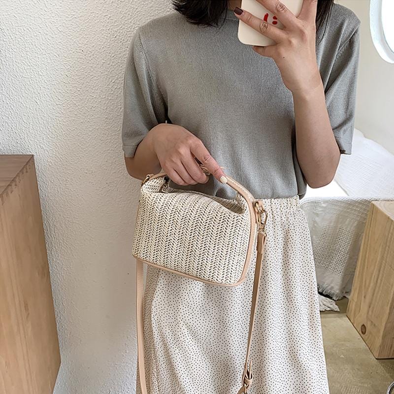Sac à Main en Paille avec Fermeture Éclair Beige