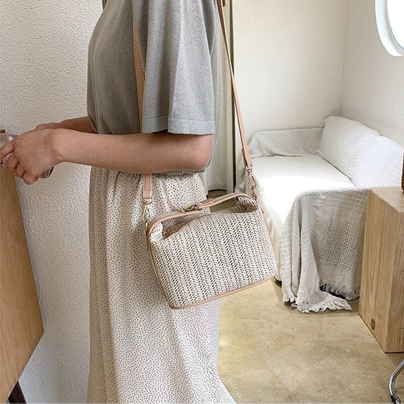 Sac à Main en Paille avec Fermeture Éclair Beige