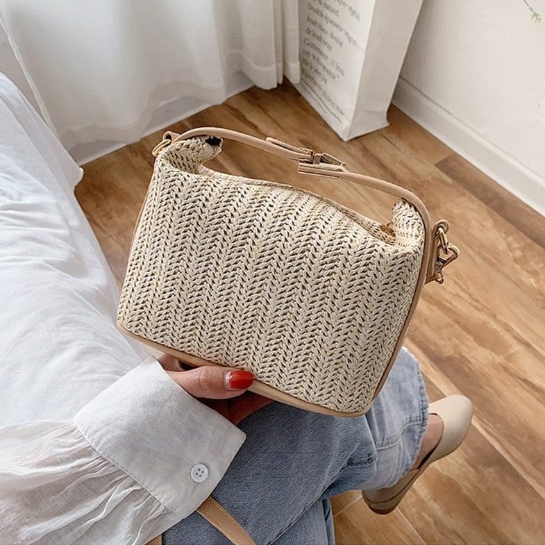Sac à Main en Paille avec Fermeture Éclair Beige