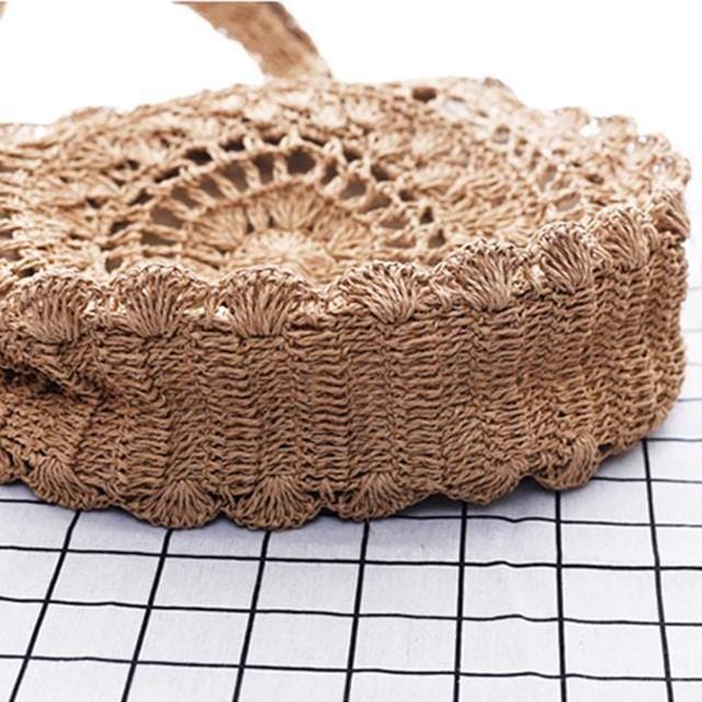 Sac Rond en Paille avec Détails Dentelle