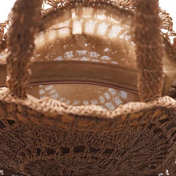 Sac Rond en Paille avec Détails Dentelle