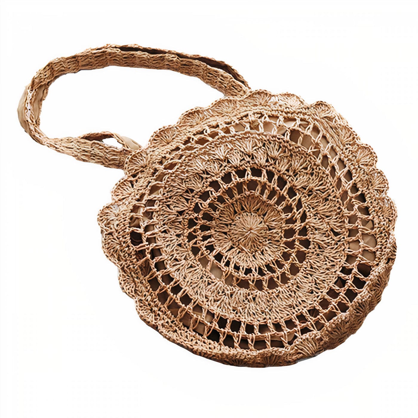 Sac Rond en Paille avec Détails Dentelle