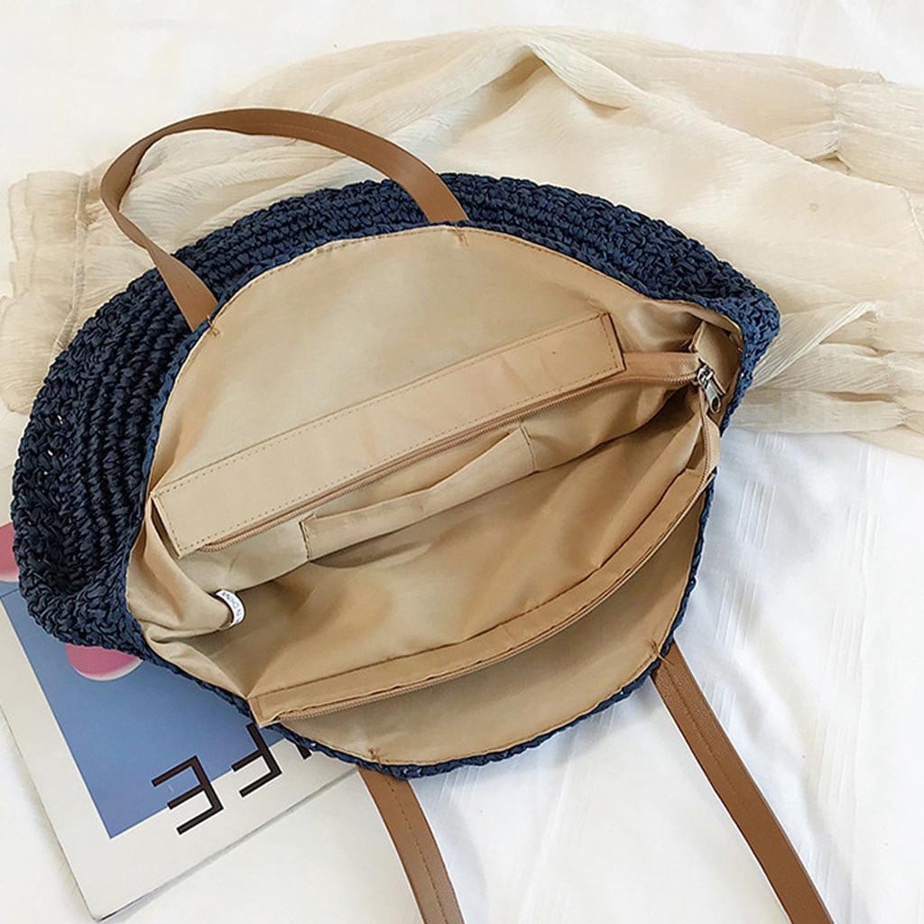 Sac Rond en Paille Bleu Marine