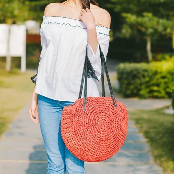 Sac Rond en Paille Rouge