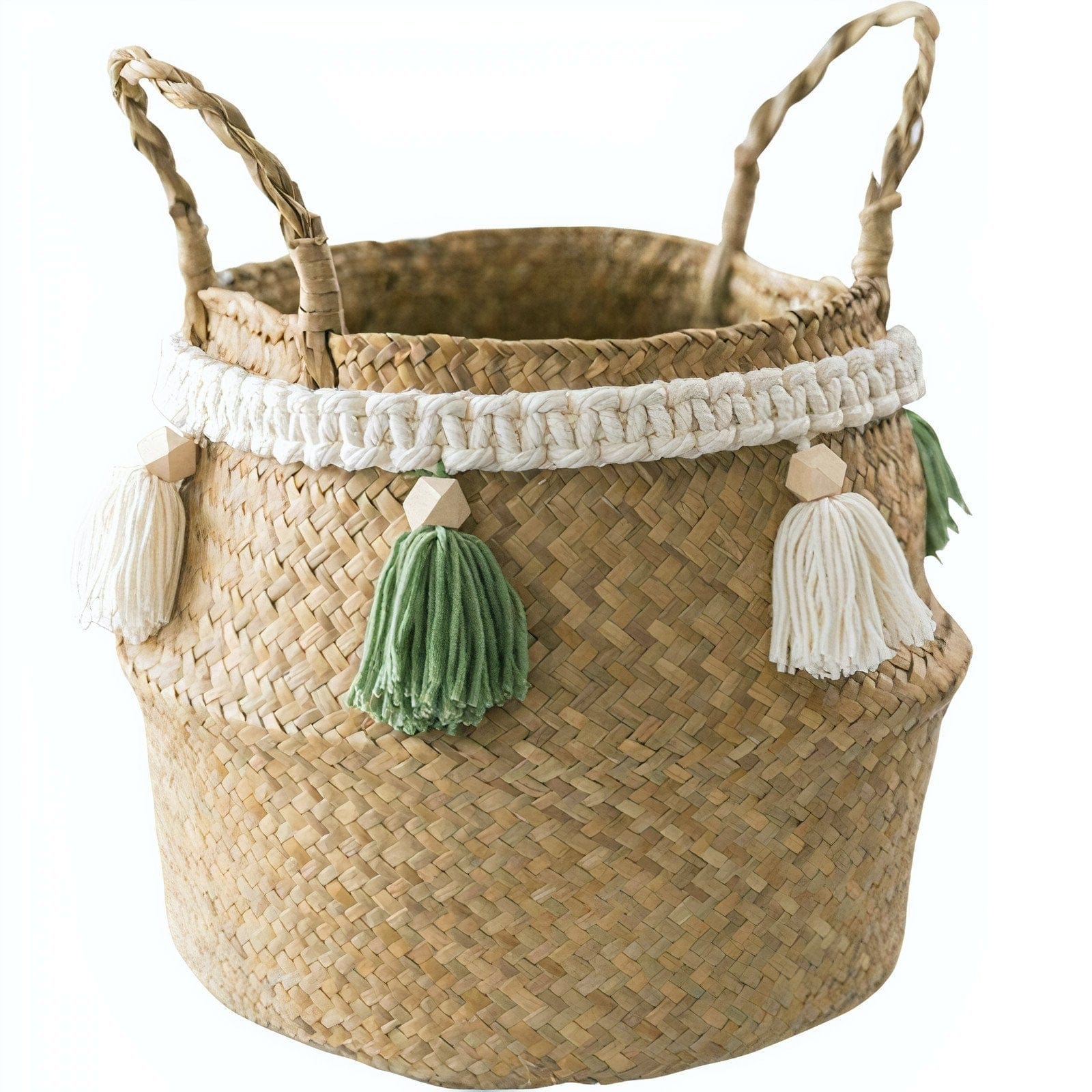 Cache-Pot Élégance en Osier avec Pompons Verts Petit format (23 cm x 20 cm)