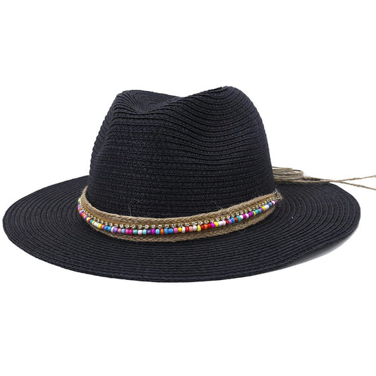 Chapeau de Paille Noir Luxueux à Perles