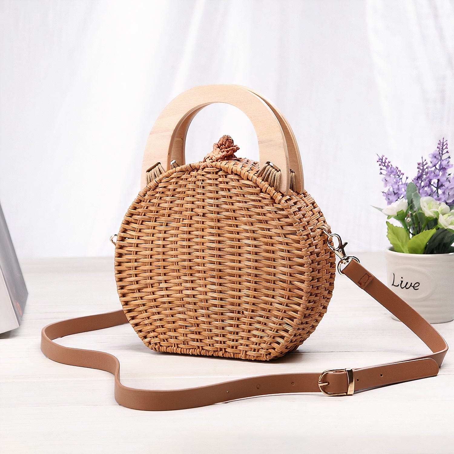 Sac à Main en Osier avec Anses en Bois
