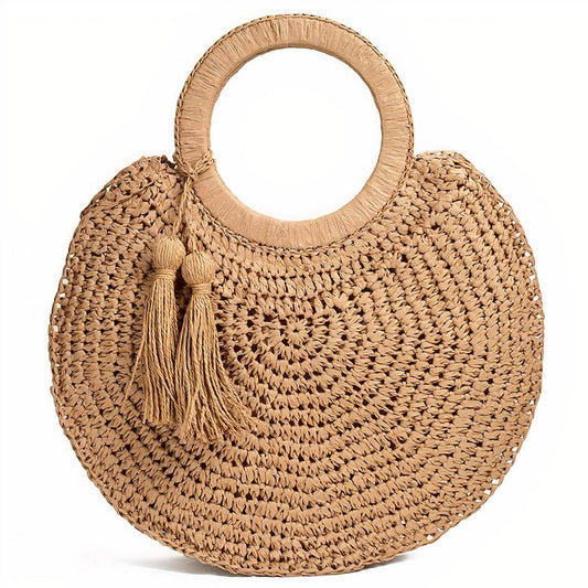 Sac de Plage Rond en Paille avec Pompon