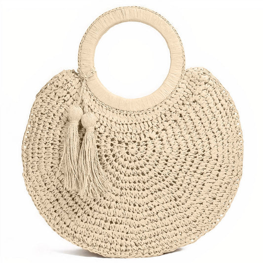 Sac de Plage Rond en Paille avec Pompon