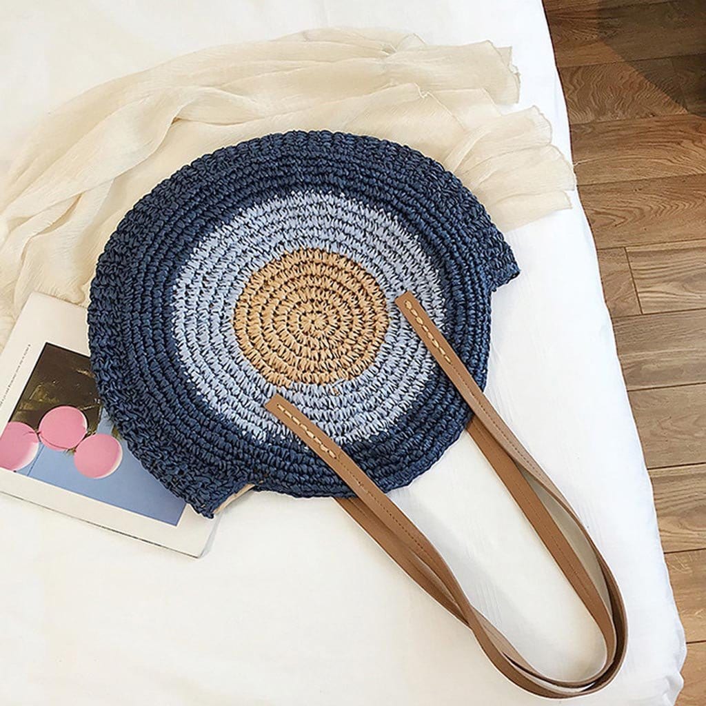 Sac Rond en Paille Bleu Marine