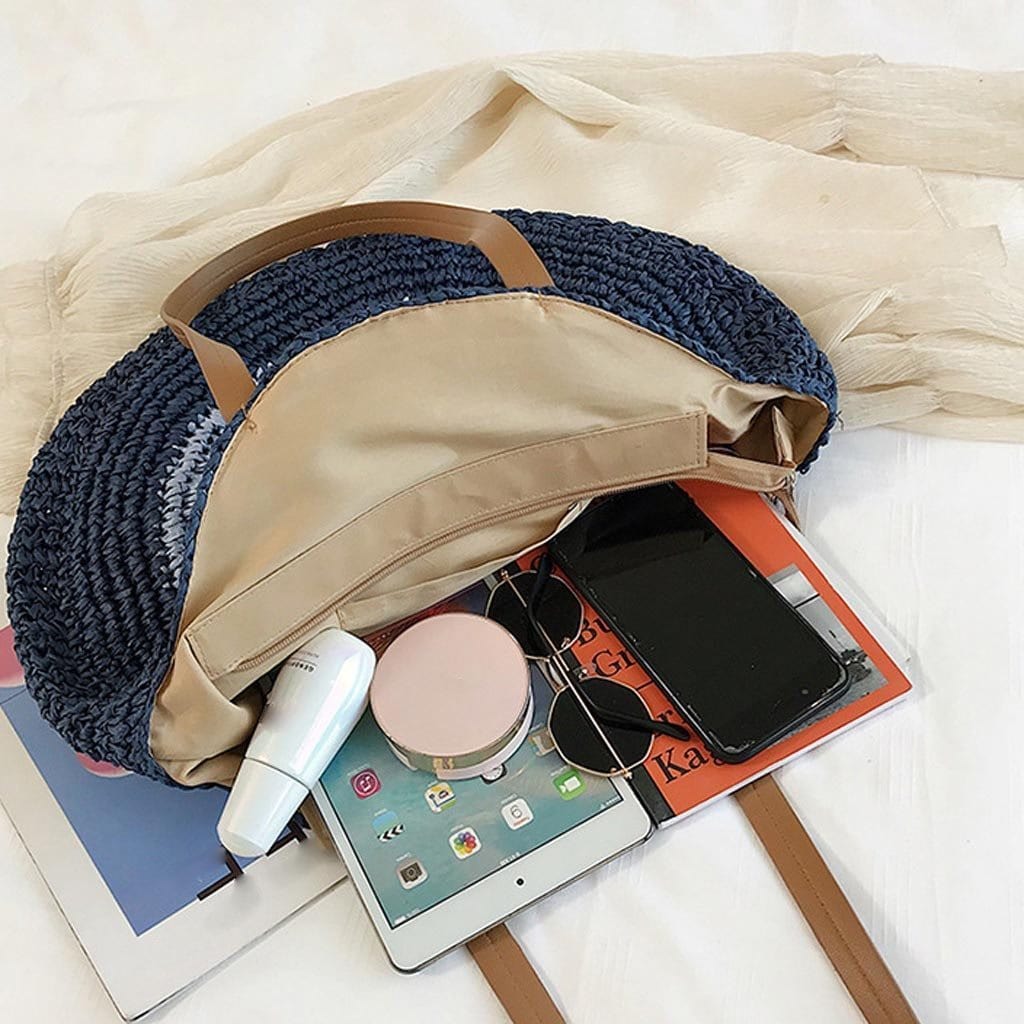 Sac Rond en Paille Bleu Marine