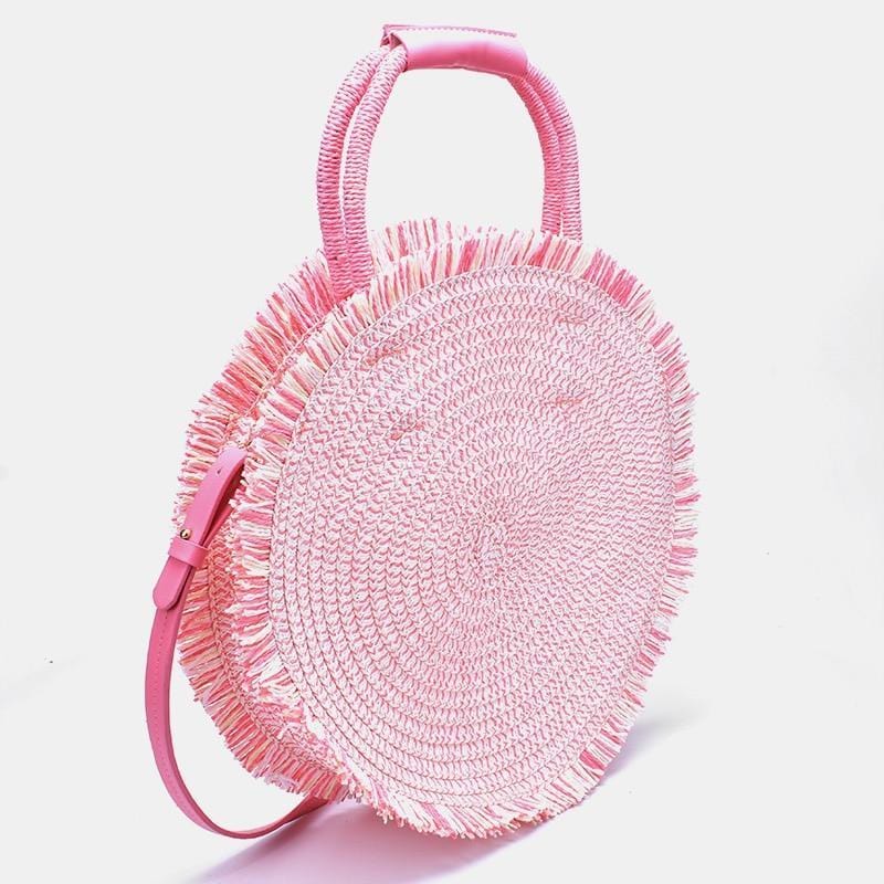 Sac Rond en Paille Rose Éclatante