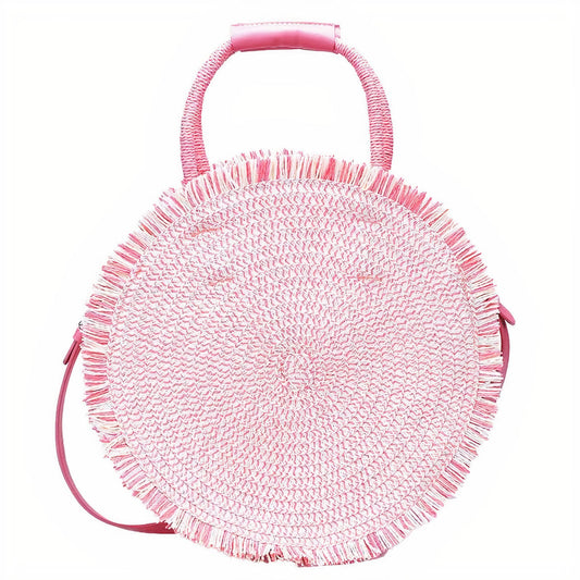 Sac Rond en Paille Rose Éclatante